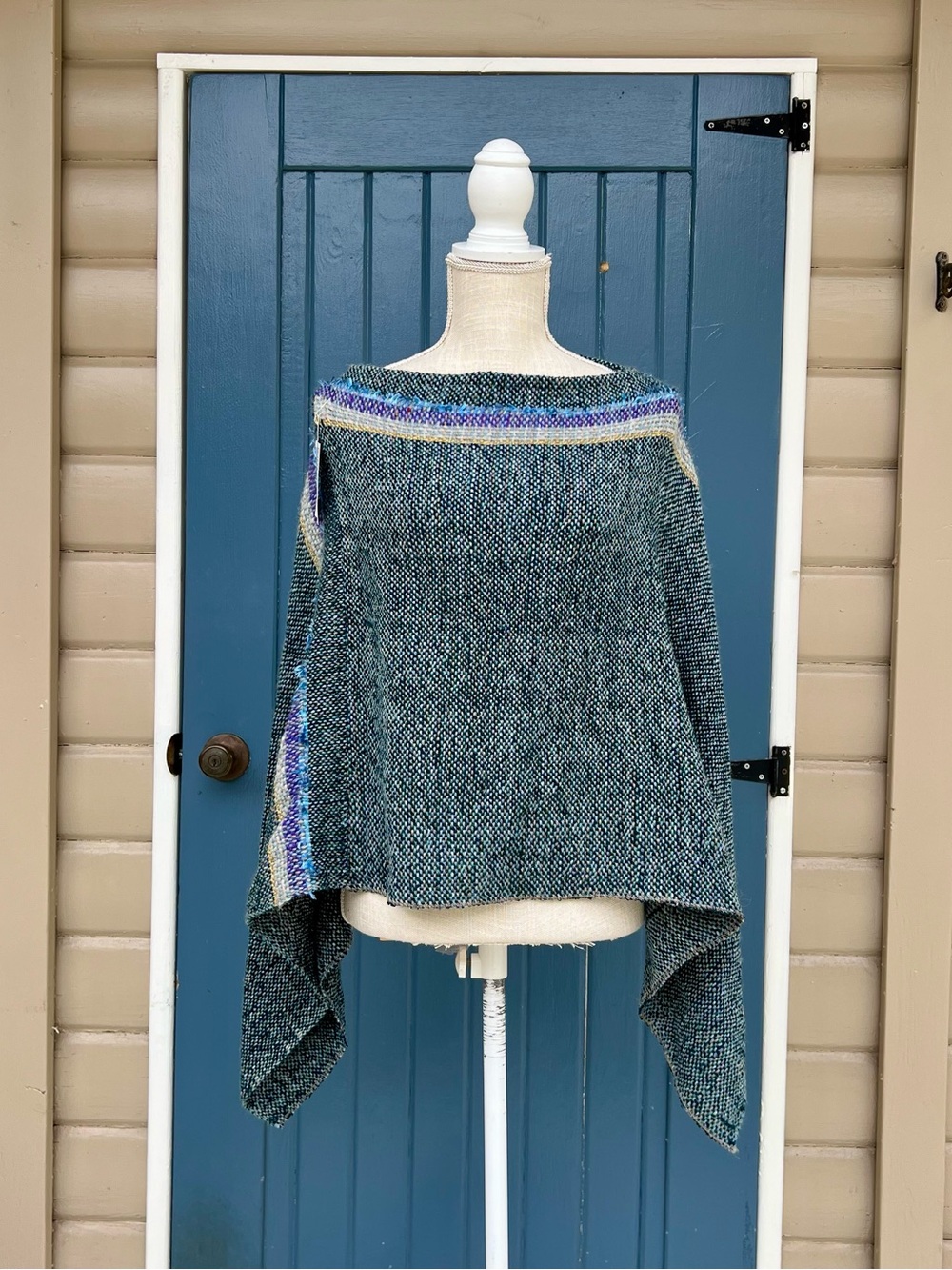 Hildegarde Handwovens Teal Handwoven Poncho Cape Wearable Art